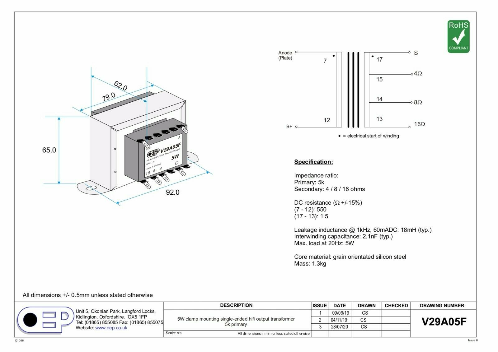 Valve Amplifier Output Transformer 5W Single Ended (EL84 ECL82 ECL83) OEP V29A05F - Image 9