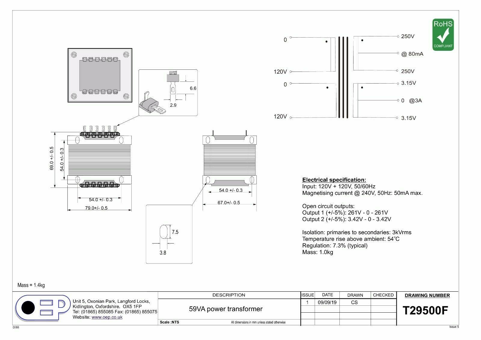 AMPLIFIER POWER TRANSFORMER: 59VA Full Wave (250V-0-250V @ 80mA) OEP T29500F/2 - Image 6